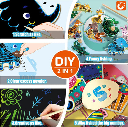 Maak Mijn Eigen Vissen Spel | Jungle Animal | Traditioneel Vissen Spel Gecombineerd met Scratch Art | voor Kinderen Leeftijd 3+