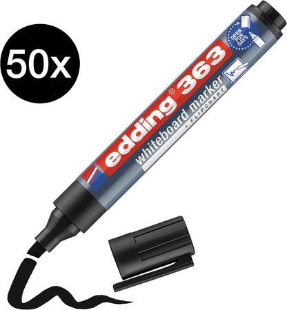 edding 363 whiteboard marker - black - 50 whiteboard pens - chisel tip 1-5 mm - whiteboard pen dry wipe - for whiteboards, flipcharts, pinboards, magnetic and memo boards - sketchnotes - refillable