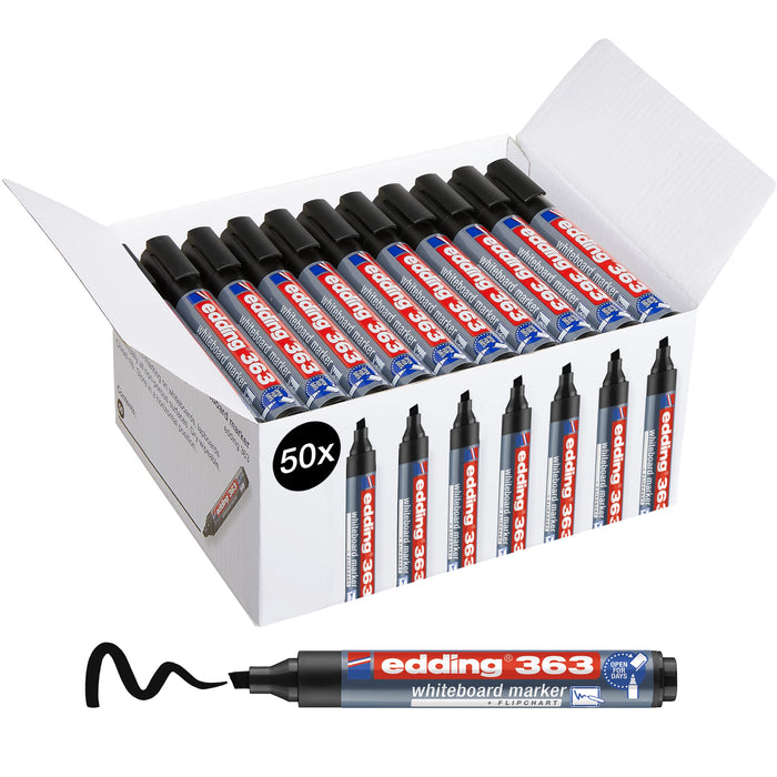 edding 363 whiteboard marker - black - 50 whiteboard pens - chisel tip 1-5 mm - whiteboard pen dry wipe - for whiteboards, flipcharts, pinboards, magnetic and memo boards - sketchnotes - refillable