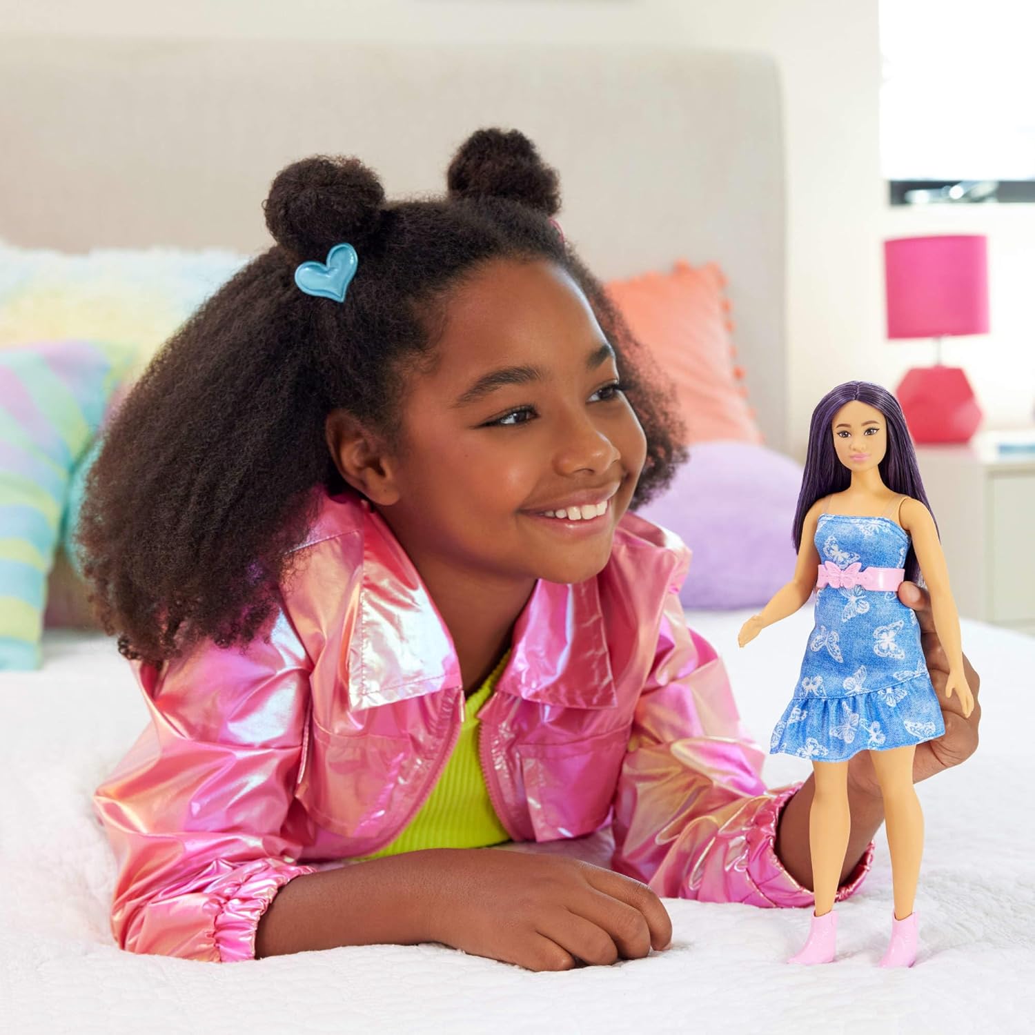Barbie Fashionistas Doll #231 with Purple Hair, Wearing Strapless Denim Butterfly-Print Dress with Pink Belt and Boots