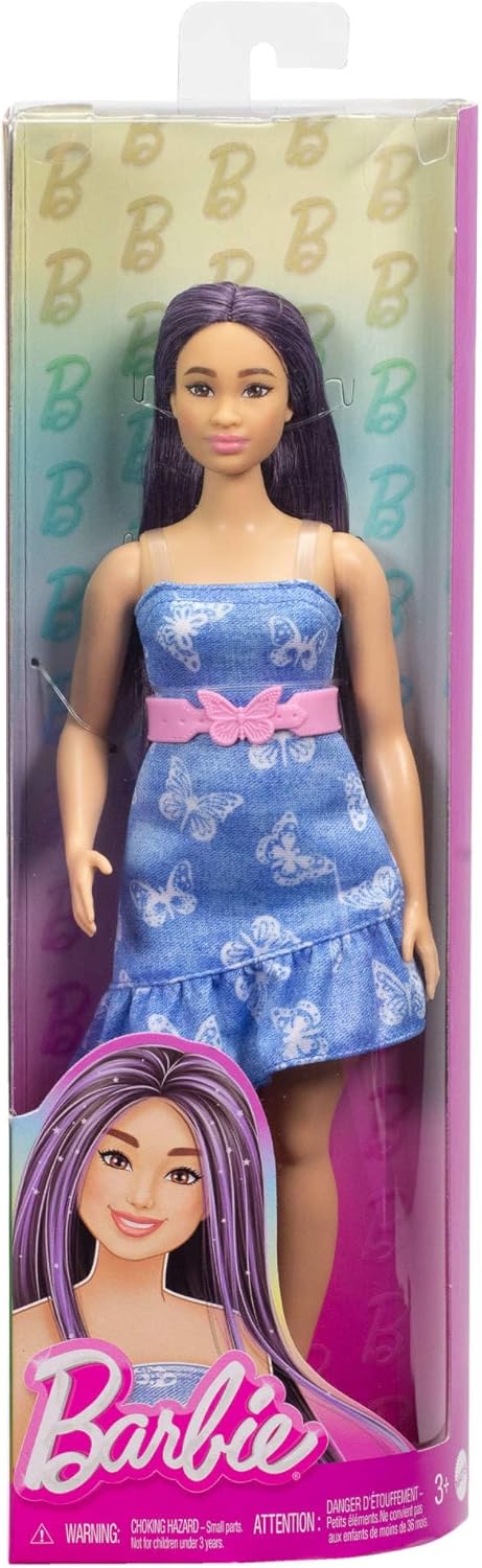 Barbie Fashionistas Doll #231 with Purple Hair, Wearing Strapless Denim Butterfly-Print Dress with Pink Belt and Boots