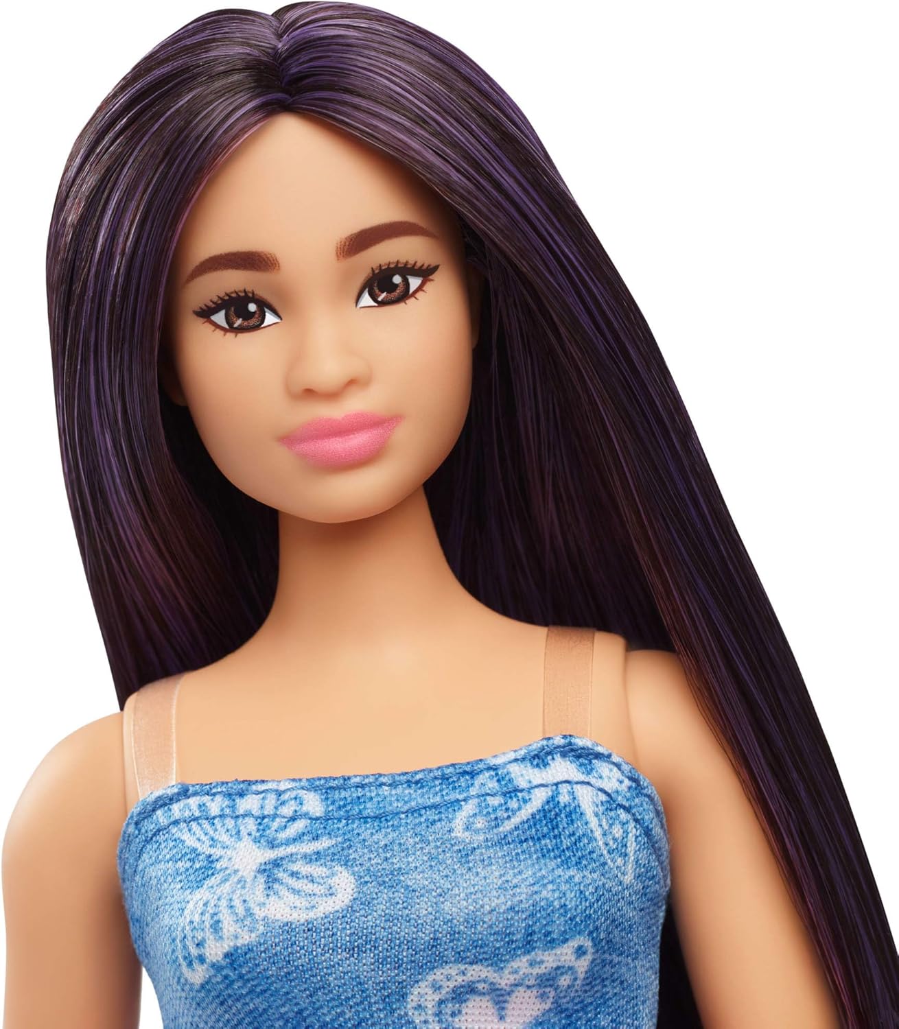 Barbie Fashionistas Doll #231 with Purple Hair, Wearing Strapless Denim Butterfly-Print Dress with Pink Belt and Boots