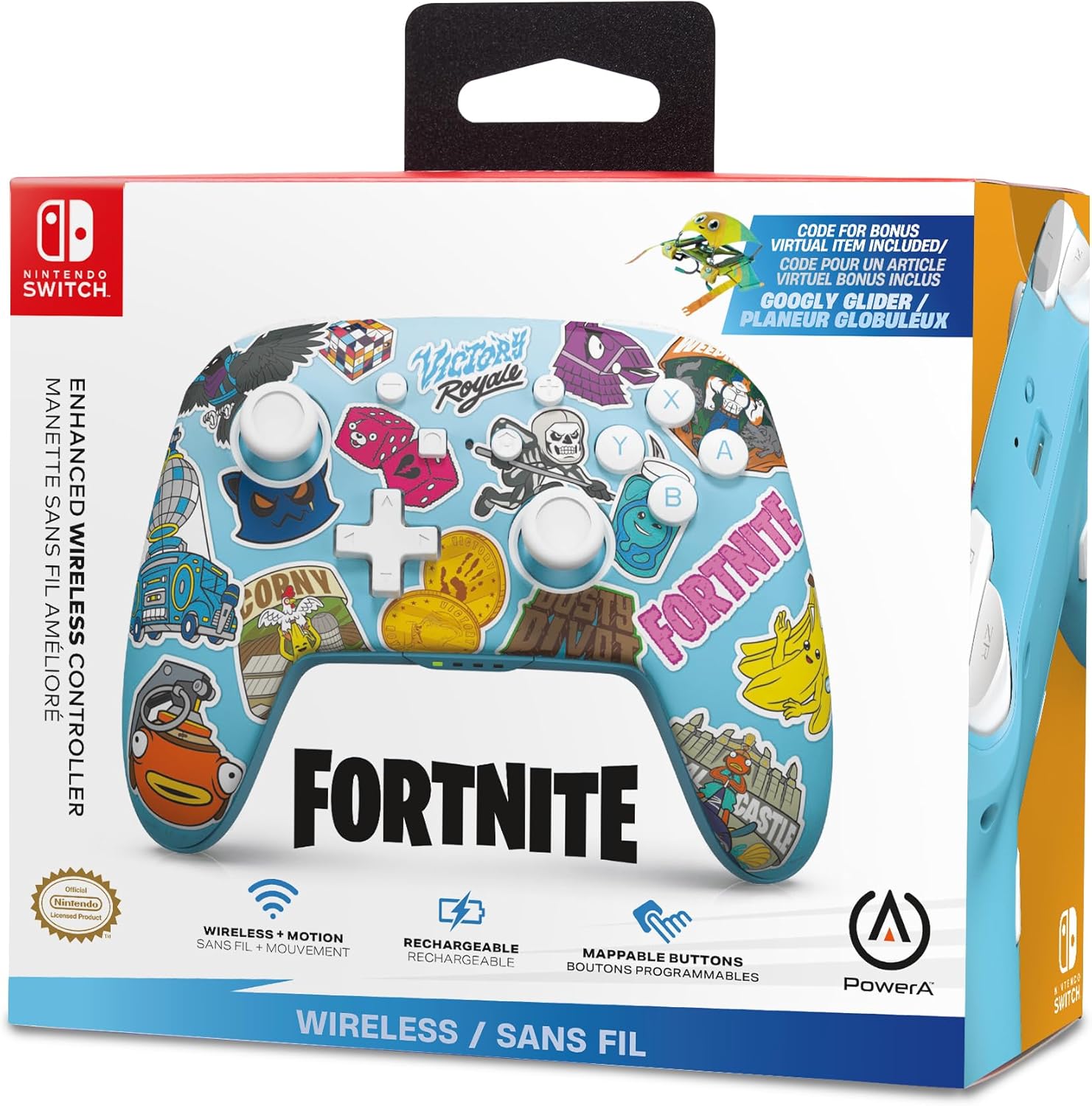 PowerA Enhanced Wireless Controller for Nintendo Switch, Switch Lite & OLED Model, Rechargeable Bluetooth Gamepad with up to 30 Hours of Play Time, Official: Fortnite Sticker Mania