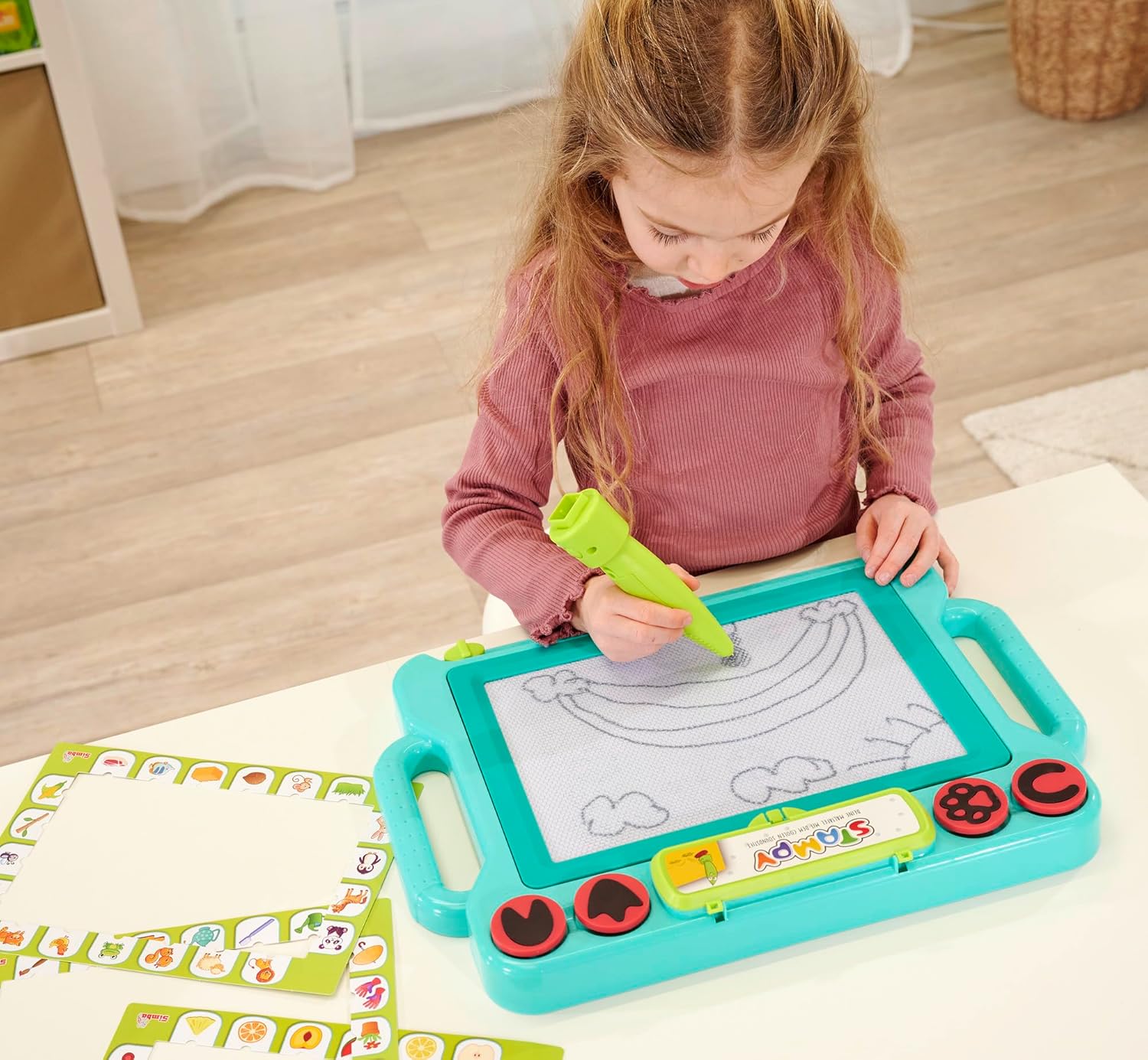 Simba 106334629038 - Art & Fun Stampy Tekenbord met Sound Pen - Art & Fun Tekenbord Speelgoed Speelgoed met Vier Dierstempels en Pen met Geluid, Afmetingen: 41x29 cm, Vanaf 3 jaar