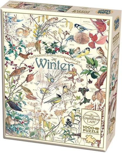 Cobble Hill 1000 Piece Puzzle Birds Country Diary: Winter-Sample Poster Included, Soft Blues, Bright Greens