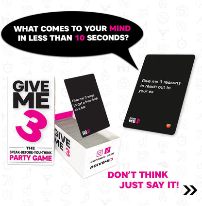 GIVE ME 3 - Fast Paced and Hilarious Adult Party Games | 2+ players | 10 Second Rule Games for Adults | Card Game for Adults