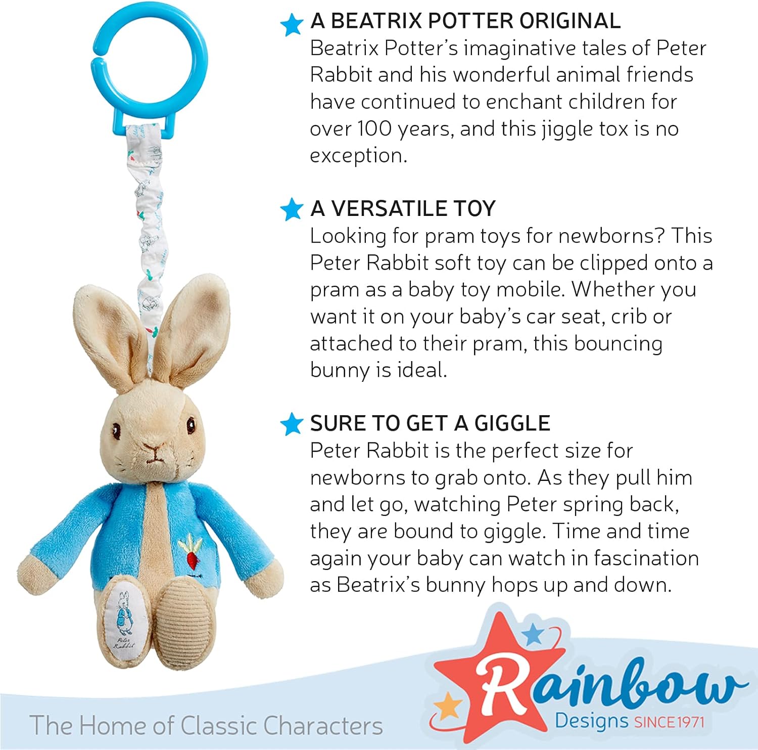 Rainbow Designs PO1451 Beatrix Potter Peter Rabbit Jiggle Attachable Soft Toy - Unisex Pram Toy for Toddlers and Babies