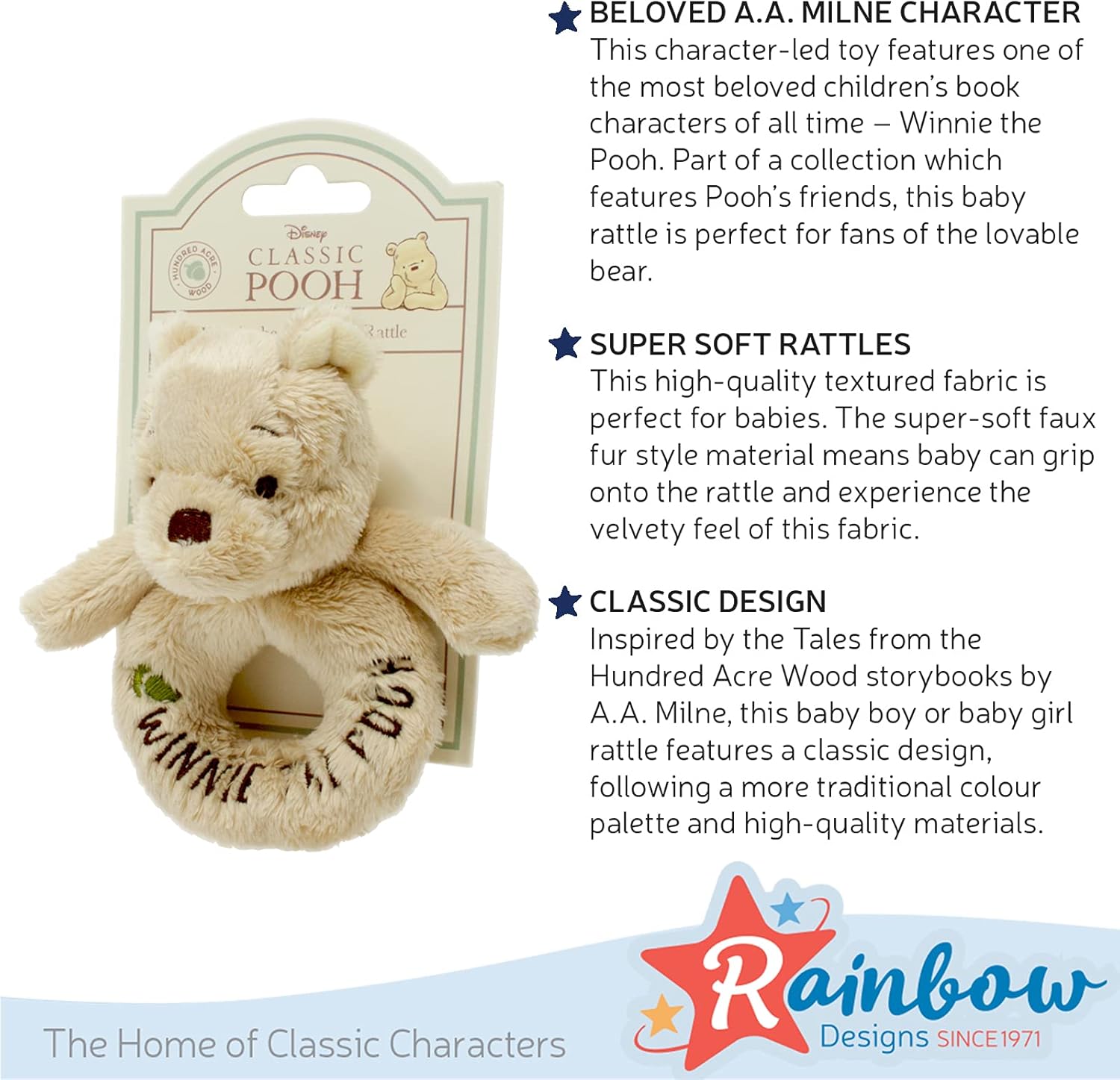 Official Disney Winnie The Pooh Rattle - Soft Pooh Bear Baby Toy by Rainbow Designs (Pack of 4)