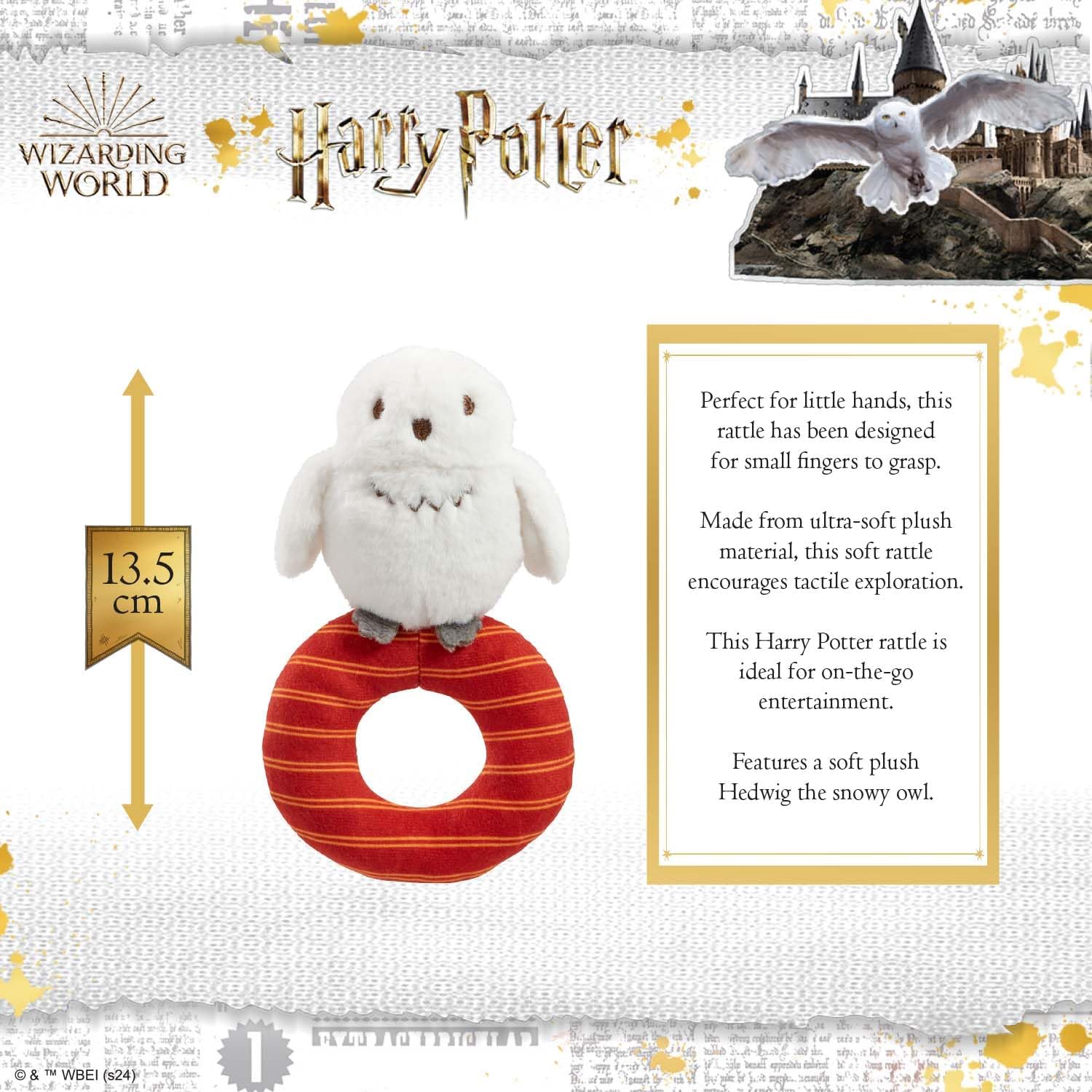 Rainbow Designs Harry Potter Hedwig Plush Baby Rattle - Soft Sensory Toy for Newborns – Suitable from Birth Ring Rattle for Early Development – Playtime and On-The-Go Companion