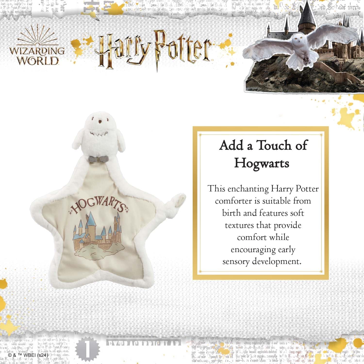 Rainbow Designs Harry Potter Hedwig Comfort Blanket - Soft Plush Newborn Comforter with Snowy Owl Design - Star-Shaped Baby Blanket with Hogwarts Illustration & Knotted Corner for Sensory Play