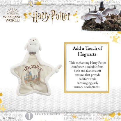 Rainbow Designs Harry Potter Hedwig Comfort Blanket - Soft Plush Newborn Comforter with Snowy Owl Design - Star-Shaped Baby Blanket with Hogwarts Illustration & Knotted Corner for Sensory Play