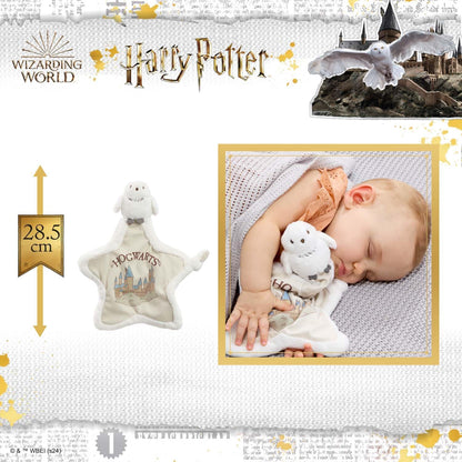 Rainbow Designs Harry Potter Hedwig Comfort Blanket - Soft Plush Newborn Comforter with Snowy Owl Design - Star-Shaped Baby Blanket with Hogwarts Illustration & Knotted Corner for Sensory Play