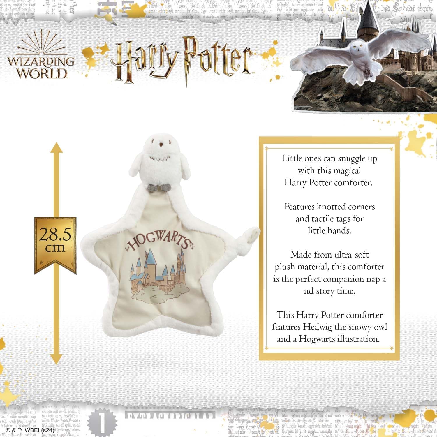 Rainbow Designs Harry Potter Hedwig Comfort Blanket - Soft Plush Newborn Comforter with Snowy Owl Design - Star-Shaped Baby Blanket with Hogwarts Illustration & Knotted Corner for Sensory Play