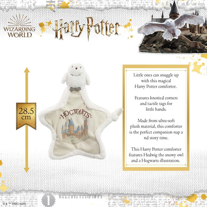 Rainbow Designs Harry Potter Hedwig Comfort Blanket - Soft Plush Newborn Comforter with Snowy Owl Design - Star-Shaped Baby Blanket with Hogwarts Illustration & Knotted Corner for Sensory Play