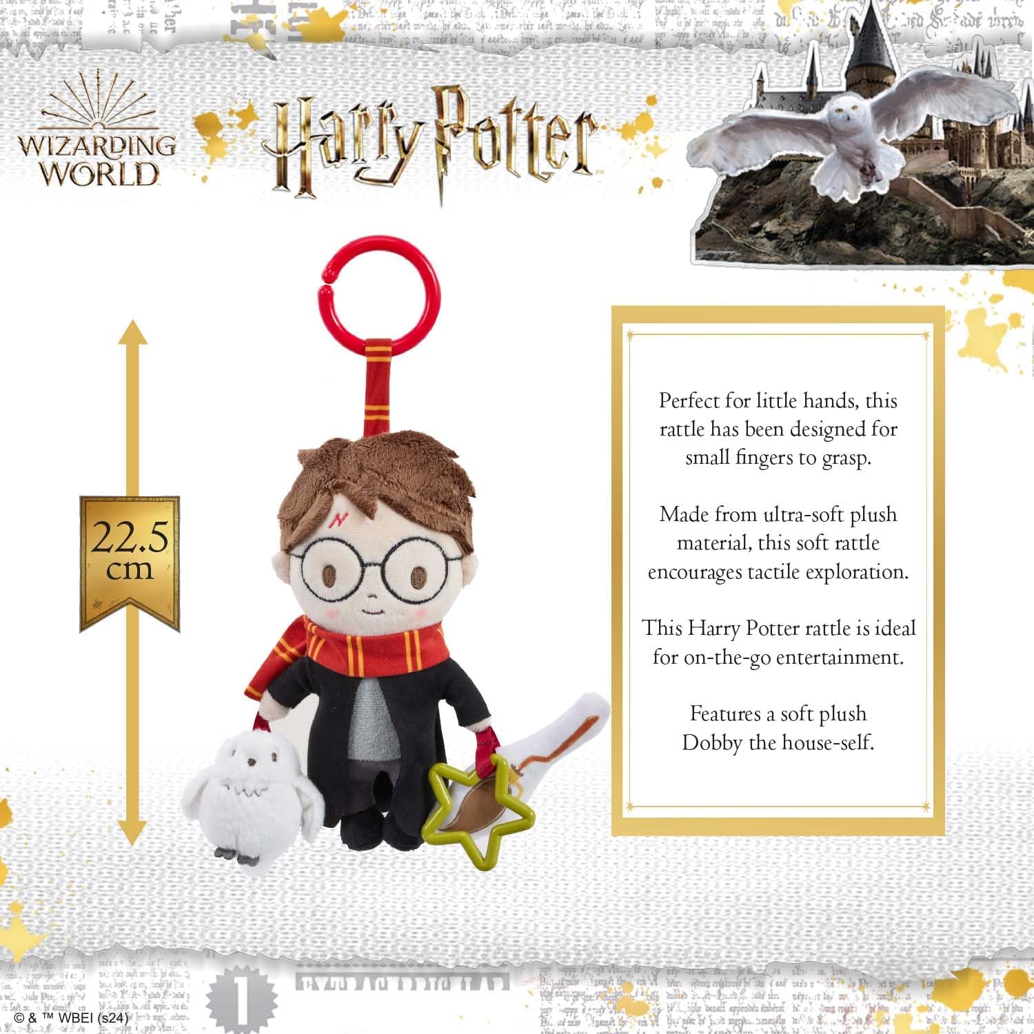 Harry Potter On the Go Activity Toy – Clip-on Pram and Pushchair Newborn Baby Toy with Crinkle Broomstick & Squeaky Owl - Sensory Harry Potter Toy for Babies, Buggy Attachment for Playtime Adventures