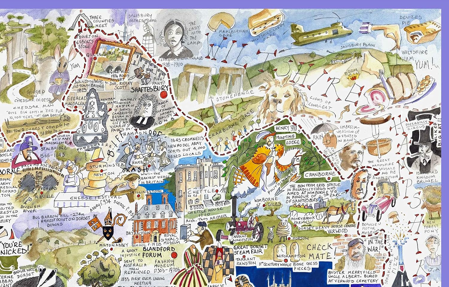 Comical Map Of Dorset, Artwork By Tim Bulmer - 1000 Piece Puzzle For Adults, Large Puzzle 66cm X 50cm In Size. Challenging To Complete But Fun And Humorous