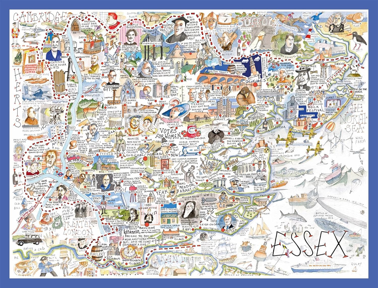 Comical Map Of Essex, Artwork By Tim Bulmer - 1000 Piece Puzzle For Adults, Large Puzzle 66cm X 50cm In Size. Challenging To Complete But Fun And Humorous