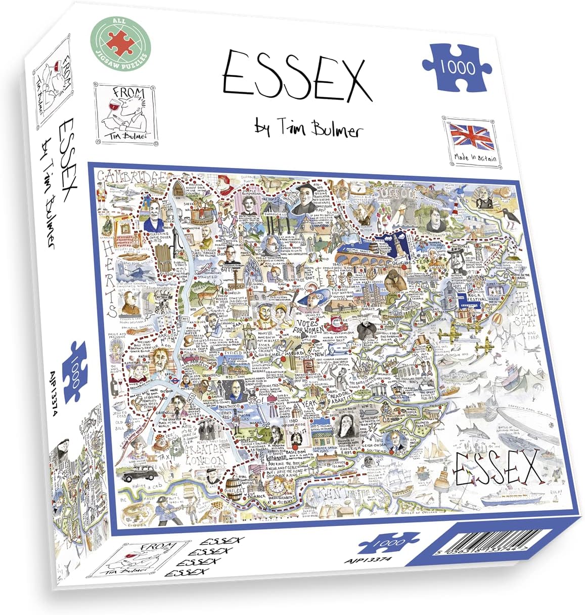Comical Map Of Essex, Artwork By Tim Bulmer - 1000 Piece Puzzle For Adults, Large Puzzle 66cm X 50cm In Size. Challenging To Complete But Fun And Humorous