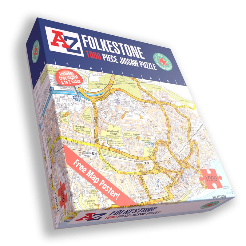 A to Z Map of Folkstone Jigsaw Puzzle For Adults - 1000 Piece Jigsaw Puzzle Gift - Map jigsaw Puzzles, Map Gift