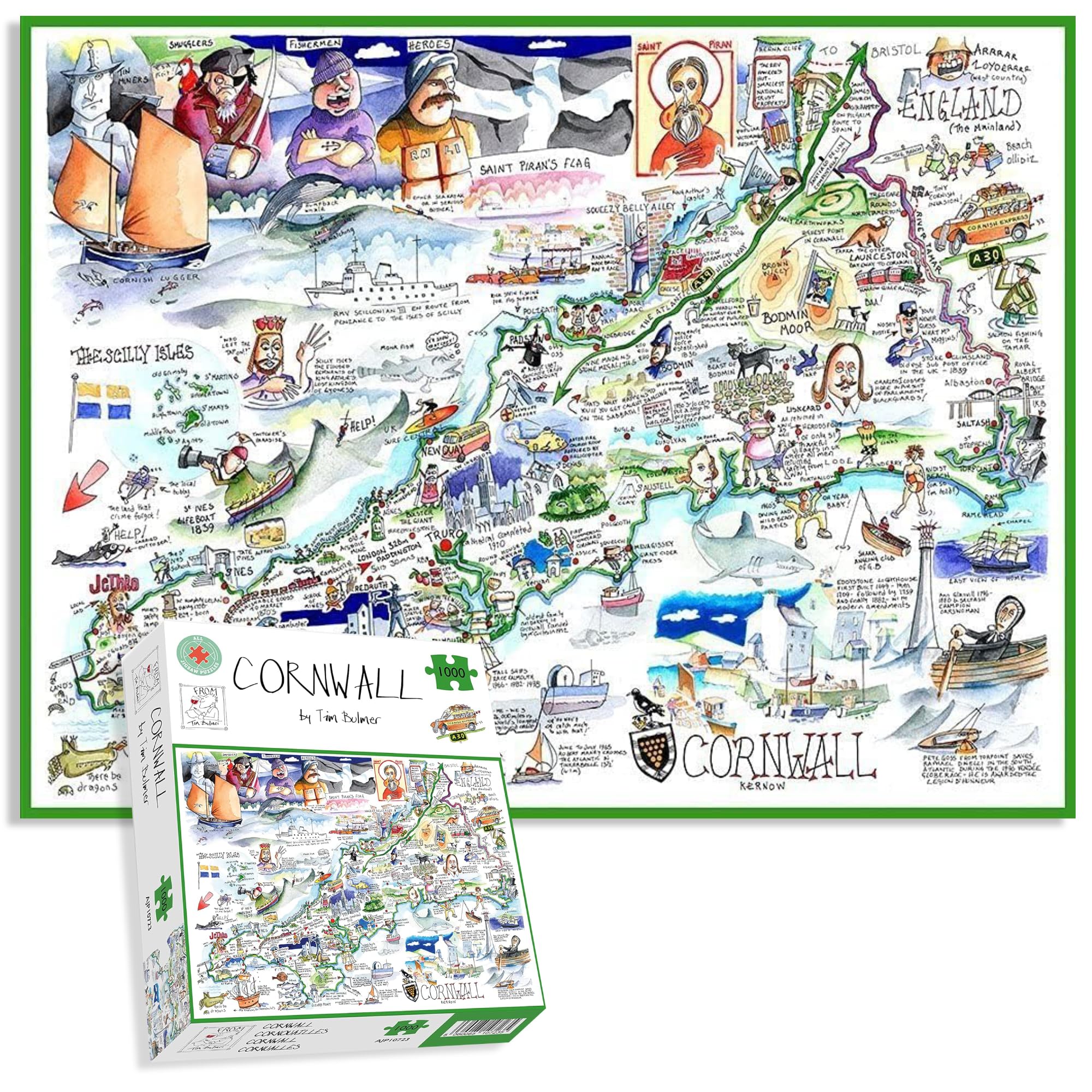 Comical Map Of Cornwall, Artwork By Tim Bulmer - 1000 Piece Puzzle For Adults, Large Puzzle 66cm X 50cm In Size. Challenging To Complete But Fun And Humorous