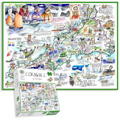 Comical Map Of Cornwall, Artwork By Tim Bulmer - 1000 Piece Puzzle For Adults, Large Puzzle 66cm X 50cm In Size. Challenging To Complete But Fun And Humorous
