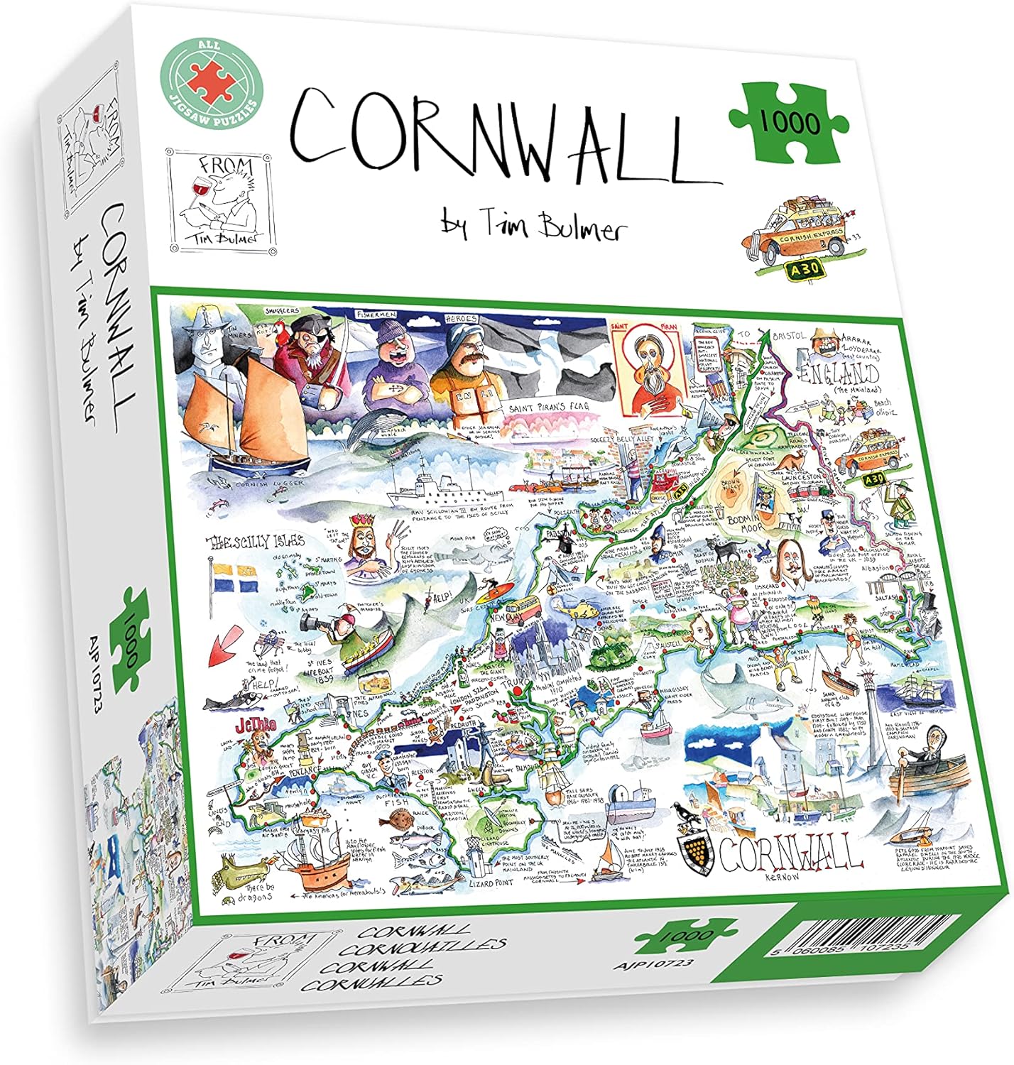 Comical Map Of Cornwall, Artwork By Tim Bulmer - 1000 Piece Puzzle For Adults, Large Puzzle 66cm X 50cm In Size. Challenging To Complete But Fun And Humorous