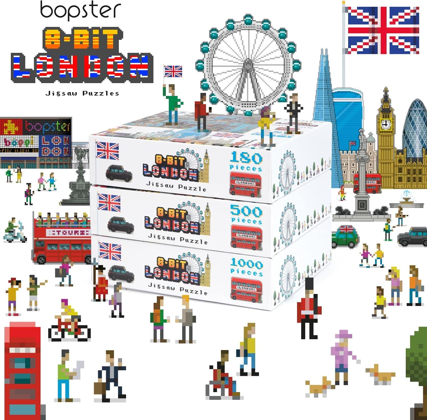 Jigsaw Puzzles for Kids 180 Pieces London Puzzle for Kids - 8-bit Retro Style Jigsaw Puzzle London - Kids Puzzles Made with 100% Recycled Cardboard - Level 1 by bopster
