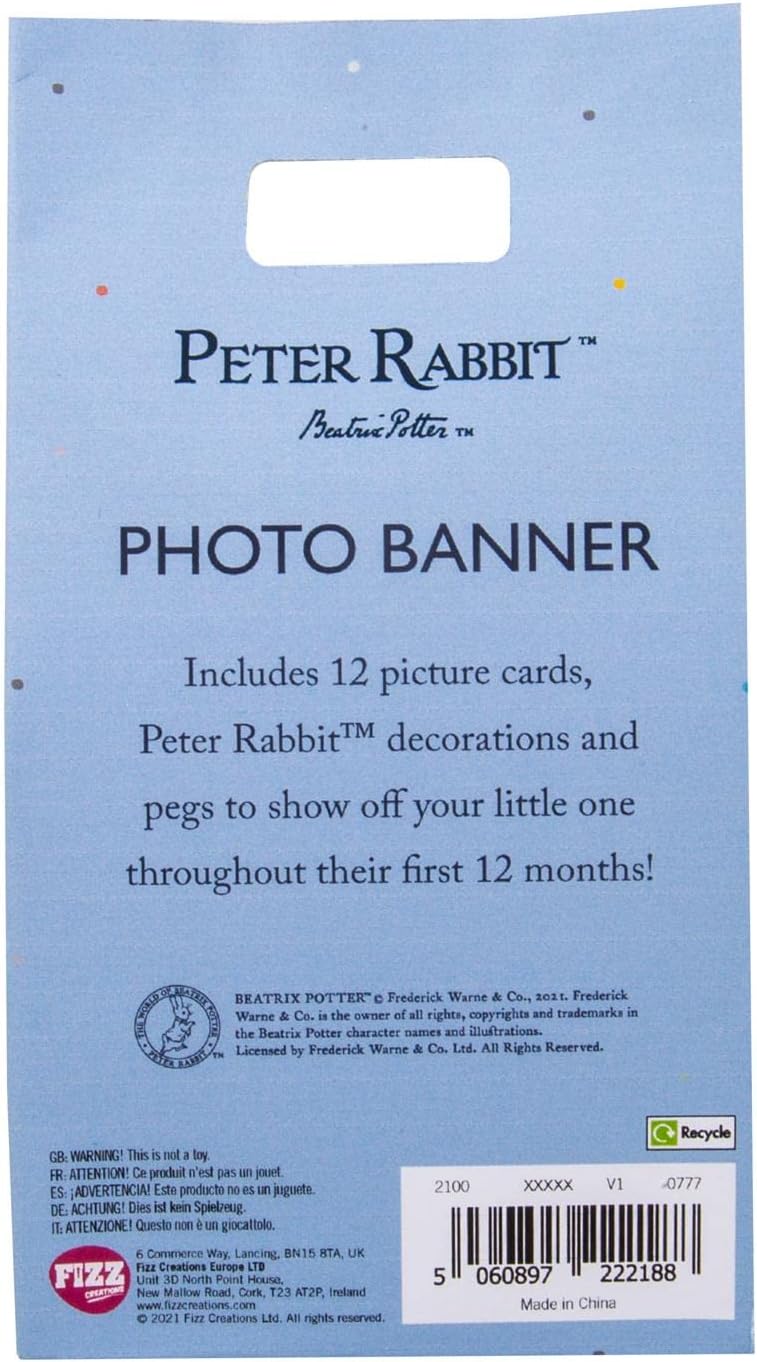 Peter Rabbit Photo Banner. Includes 12 Picture Cards, Peter Rabbit Character Hooks & 1 card for each of first 12 months. Officially Licensed Peter Rabbit Merchandise.
