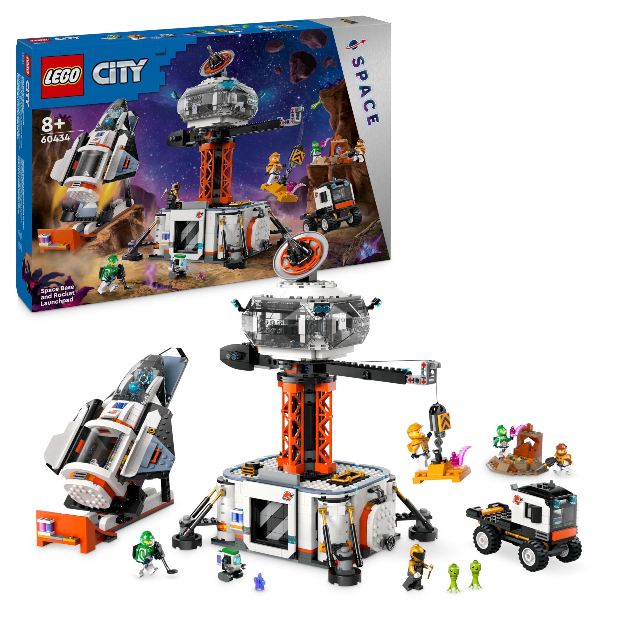 LEGO City Base Spaziale e Piattaforma di Lancio, Gioco per Bambini da 8 Anni in su con Gru Giocattolo a 360 Gradi, Astronave, Veicolo Rover, 6 Minifigure di Astronauti, Robot e 2 Alieni 60434