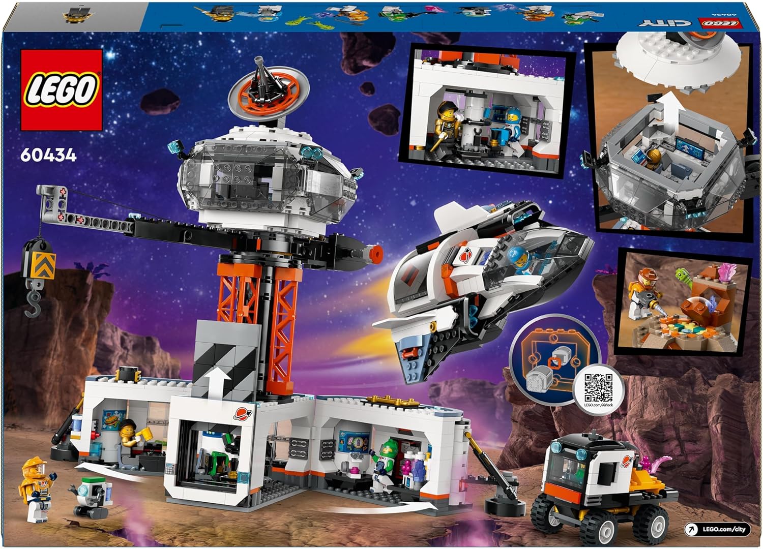LEGO City Base Spaziale e Piattaforma di Lancio, Gioco per Bambini da 8 Anni in su con Gru Giocattolo a 360 Gradi, Astronave, Veicolo Rover, 6 Minifigure di Astronauti, Robot e 2 Alieni 60434