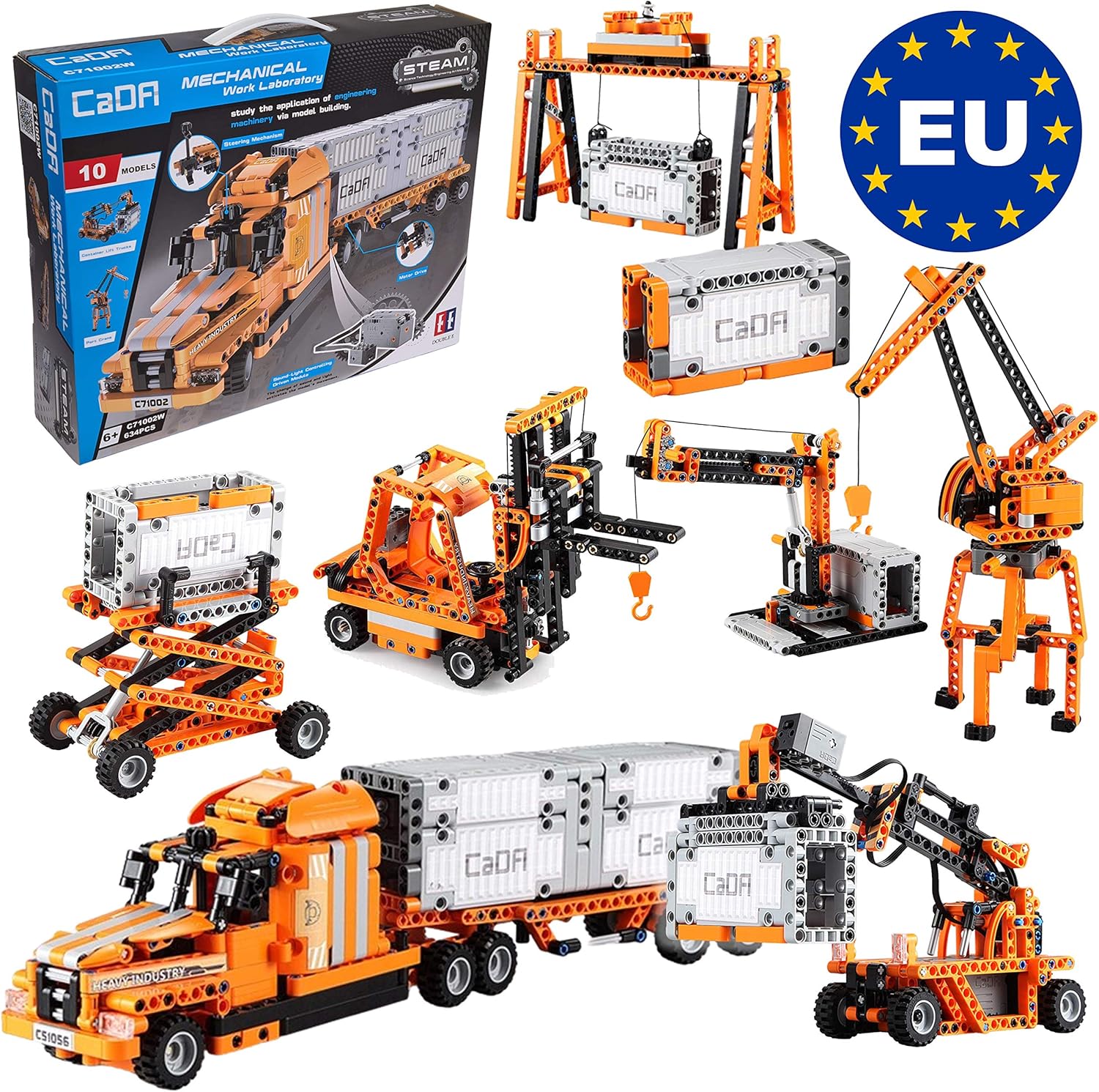 CaDA 10in1 Hafen-Set (Truck, Hänger, Gabelstapler, Lader, Kräne, Container UVM!), 634 Teile (kompatibel z.B. mit Lego Technic z.B. 42062 42078 8285 42062 42079 8416 42061) C71002W