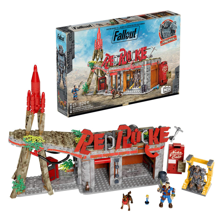 MEGA Fallout Action Figures Building Toys, Red Rocket Truck Stop with 824 Pieces, 2 Poseable Characters and Accessories, for Collectors
