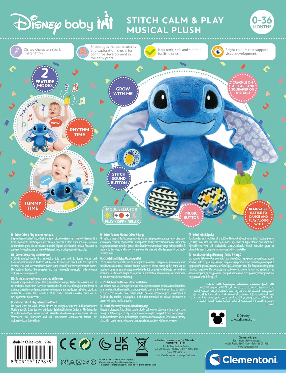 Clementoni Disney Stitch Grow with Me Plush, interactief sprekende Stitch pluche dier met geluiden en melodieën, rammelaar, tummy time-functie, babyspel, Prime activiteiten, pop met batterijen