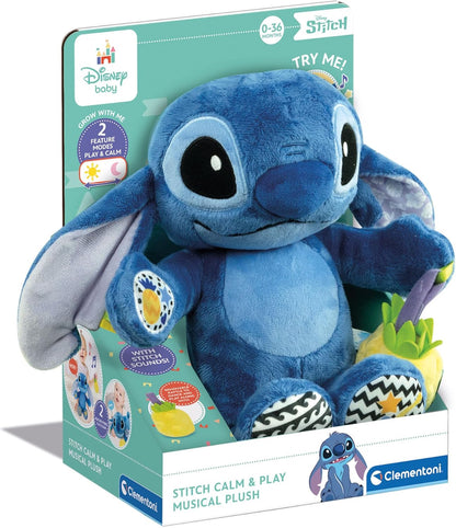 Clementoni Disney Stitch Grow with Me Plush, interactief sprekende Stitch pluche dier met geluiden en melodieën, rammelaar, tummy time-functie, babyspel, Prime activiteiten, pop met batterijen