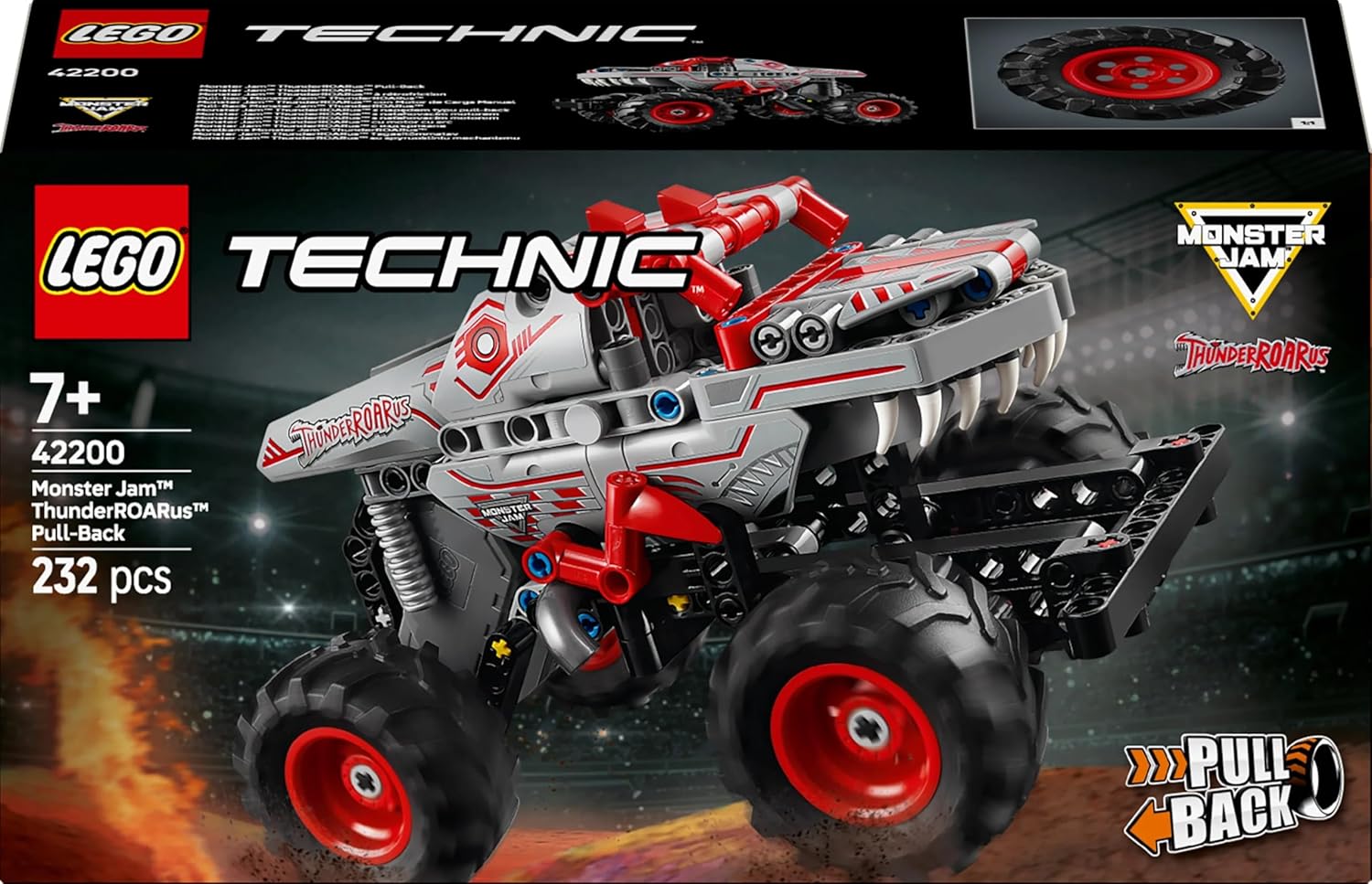LEGO Technic Monster Jam ThunderROARus con Motor de Carga Manual, Camión Monstruo Dinosaurio de Juguete, Vehículo para Espectáculo Monster Truck, Regalo para Niños y Niñas de 7 Años o Más 42200