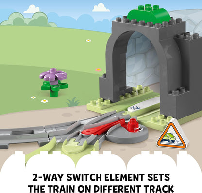 LEGO DUPLO Town Train Tunnel and Tracks Expansion Set - Learning Toy for Toddlers - incl. 10 Track Pieces, a 2-Way Points Switch & an Action Brick - Gift for 2+ Year Old Boys & Girls - 10425