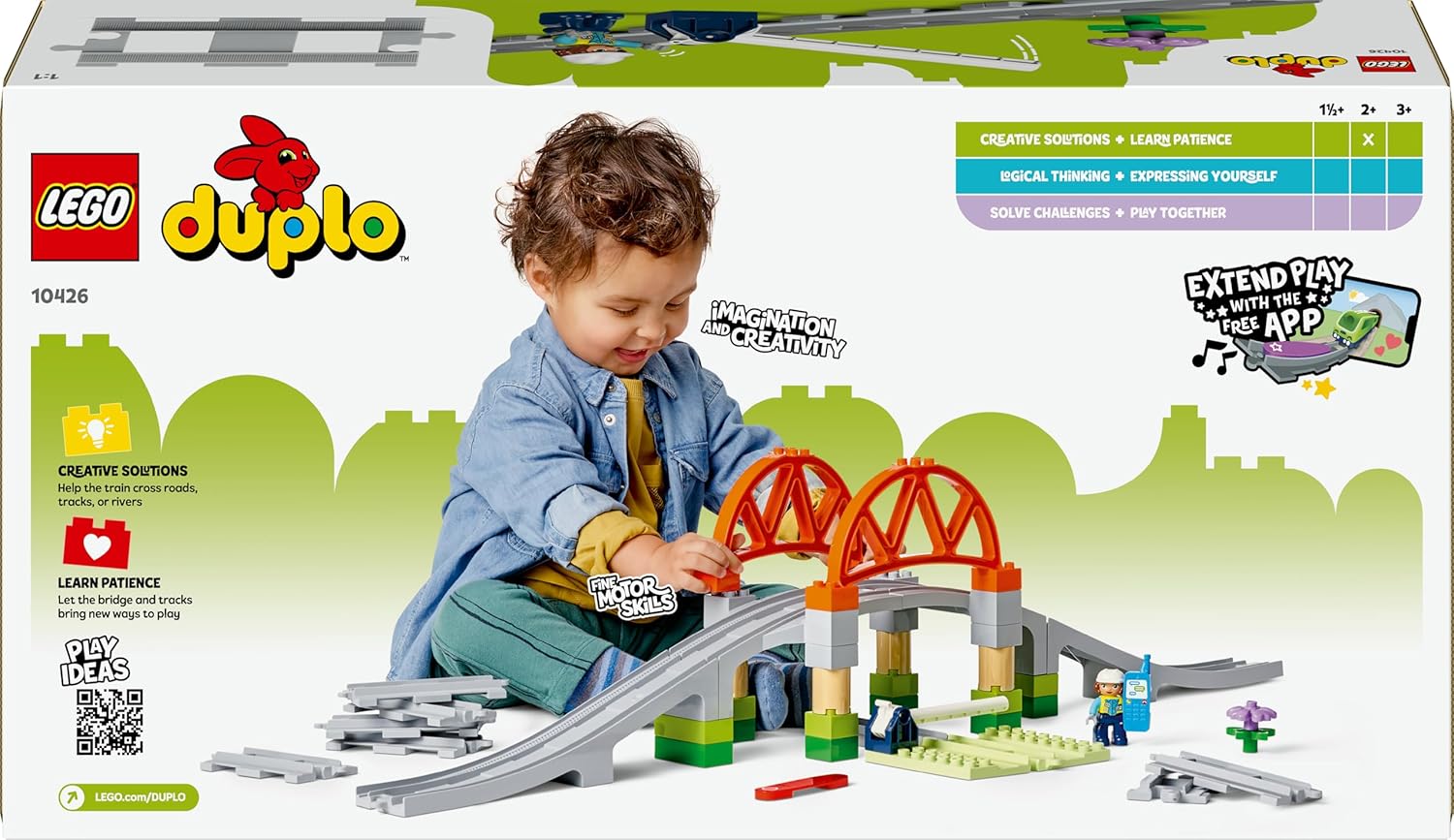 LEGO DUPLO Train Bridge and Tracks Expansion Set - Educational Learning Toy for Toddlers - incl. 8 Track Pieces, a Bridge, Barrier & an Action Brick - Gift for 2+ Year Old Boys & Girls - 10426