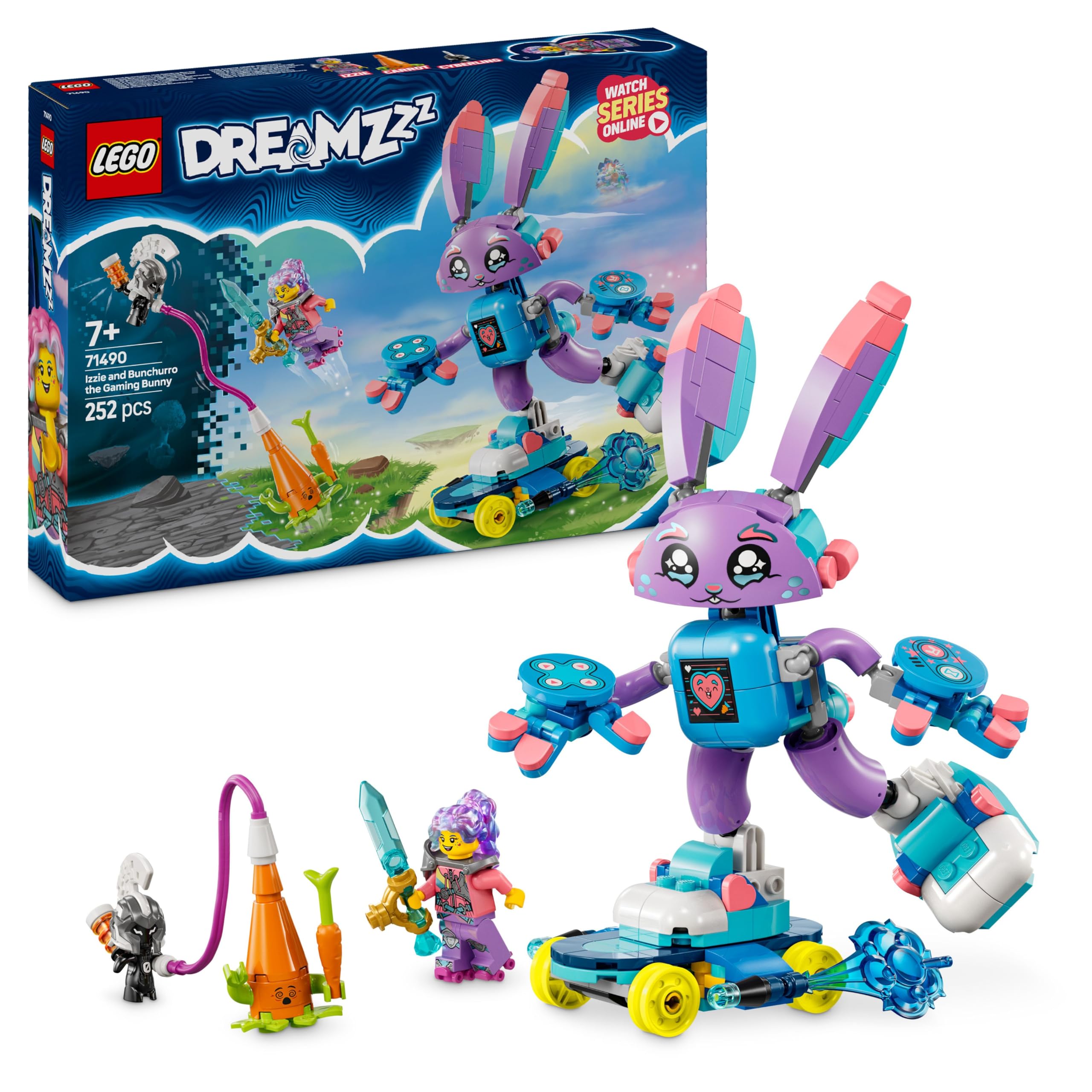 LEGO DREAMZzz 2in1 Izzie and Bunchurro the Gaming Bunny Figure, Fantasy Animal Toy for 7 Plus Year Old Boys & Girls, with a Skateboard and Minifigure for Imaginative Play, Birthday Gift Idea 71490