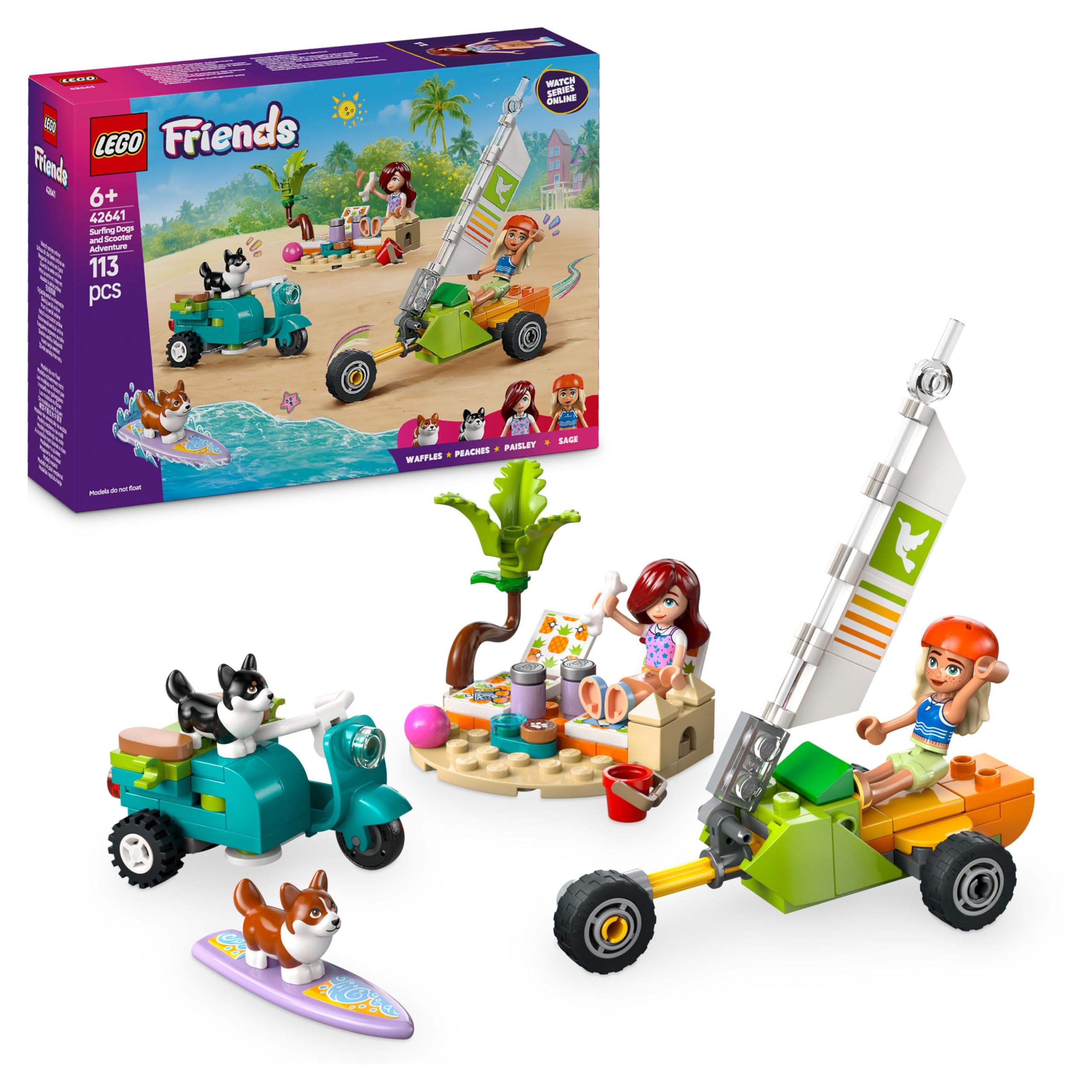 LEGO Friends Avventure Canine su Windskate e Sidecar, Giochi di Ruolo da Spiaggia per Bambine da 6 Anni con Vecioli, Mini Tavola da Surf, Personaggi e Cani Giocattolo, Set con Veicoli Creativi 42641