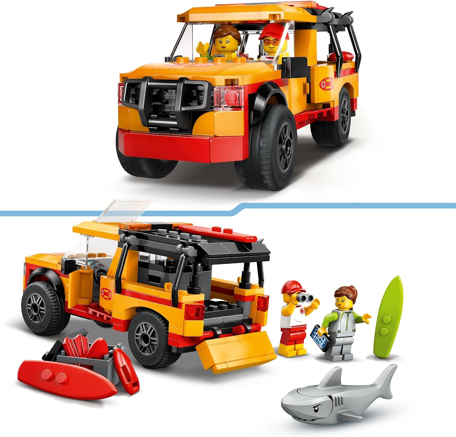 LEGO City Lifeguard Beach Rescue Truck Toy with 2 Minifigures and a Shark Figure - Building Set for 6+ Year Old Boys & Girls - Gifts for Beach-Loving Kids - 60453