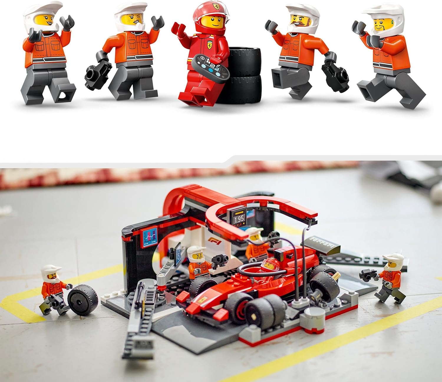 LEGO City F1 Boxenstopp mit Boxencrew und Ferrari Flitzer - Formel 1 Pit Stop Set mit 1 Rennfahrer und 4 Mechaniker Minifiguren - Spielzeug Rennauto für Jungen und Mädchen ab 6 Jahren - 60443