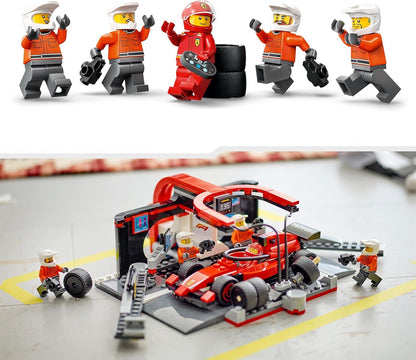 LEGO City F1 Boxenstopp mit Boxencrew und Ferrari Flitzer - Formel 1 Pit Stop Set mit 1 Rennfahrer und 4 Mechaniker Minifiguren - Spielzeug Rennauto für Jungen und Mädchen ab 6 Jahren - 60443
