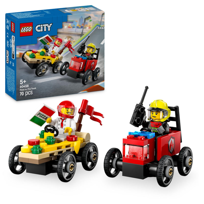LEGO City Pizzalieferwagen vs. Löschauto - Seifenkisten Spielzeug für Mädchen und Jungen ab 5 Jahren - Bauset mit 2 Fahrer Minifiguren - Geschenk zum Geburtstag & für die Feiertage 60458