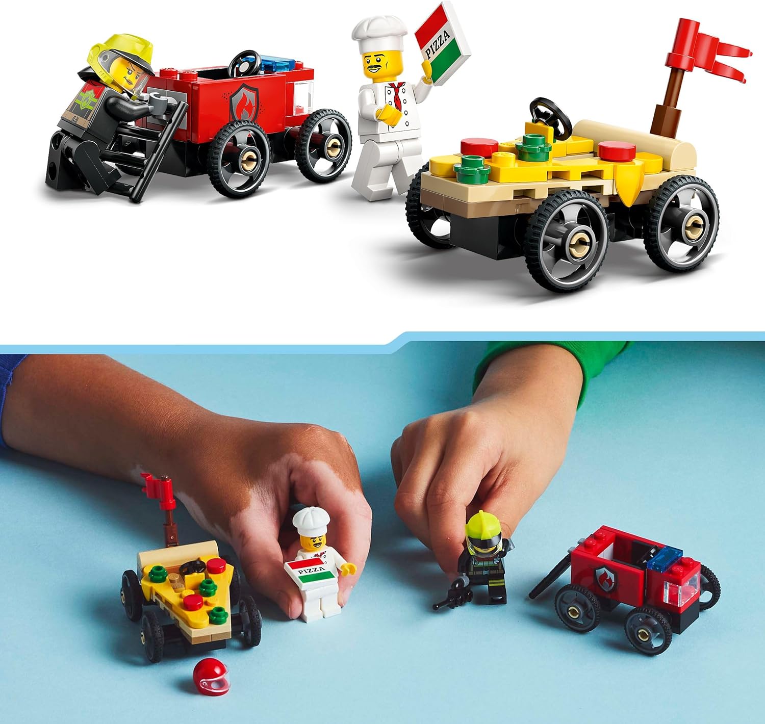 LEGO City Pizzalieferwagen vs. Löschauto - Seifenkisten Spielzeug für Mädchen und Jungen ab 5 Jahren - Bauset mit 2 Fahrer Minifiguren - Geschenk zum Geburtstag & für die Feiertage 60458