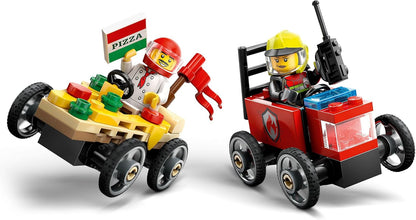LEGO City Pizzalieferwagen vs. Löschauto - Seifenkisten Spielzeug für Mädchen und Jungen ab 5 Jahren - Bauset mit 2 Fahrer Minifiguren - Geschenk zum Geburtstag & für die Feiertage 60458