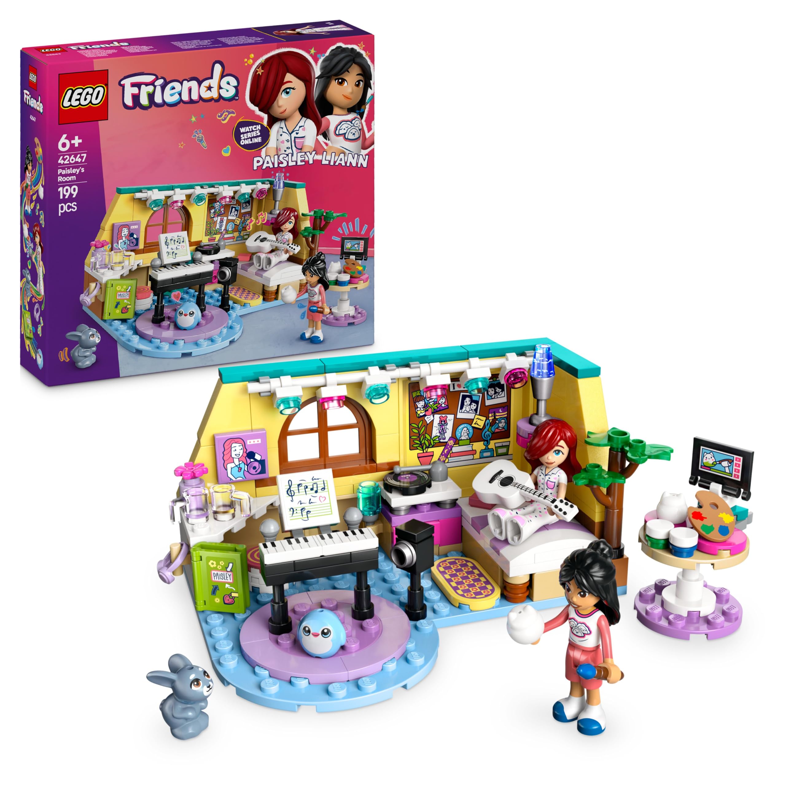 LEGO Friends Paisley's Room Set, kreatives Lernspielzeug für Mädchen ab 6 Jahren, mit 2 Heartlake City Charakteren, einer Hasenfigur, Instrumenten und Puppenhauszubehör 42647