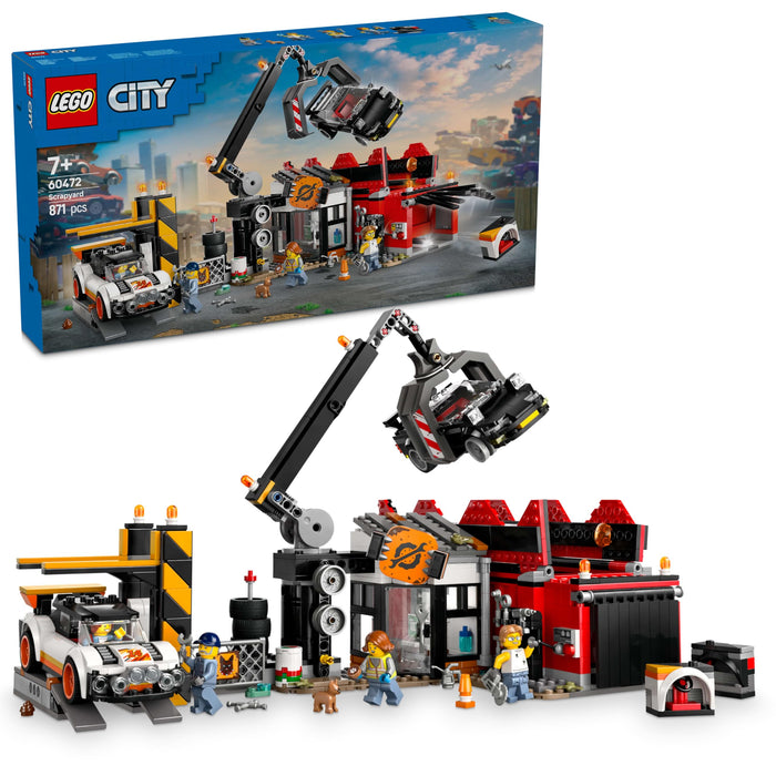 LEGO City Desguace con Coches, Depósito de Chatarra con Compactadora y Grúa de Juguete, 2 Vehículos Clásicos y 4 Minifiguras, Regalo para Niños y Niñas de 7 Años o Más 60472
