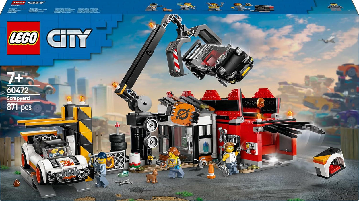 LEGO City Desguace con Coches, Depósito de Chatarra con Compactadora y Grúa de Juguete, 2 Vehículos Clásicos y 4 Minifiguras, Regalo para Niños y Niñas de 7 Años o Más 60472