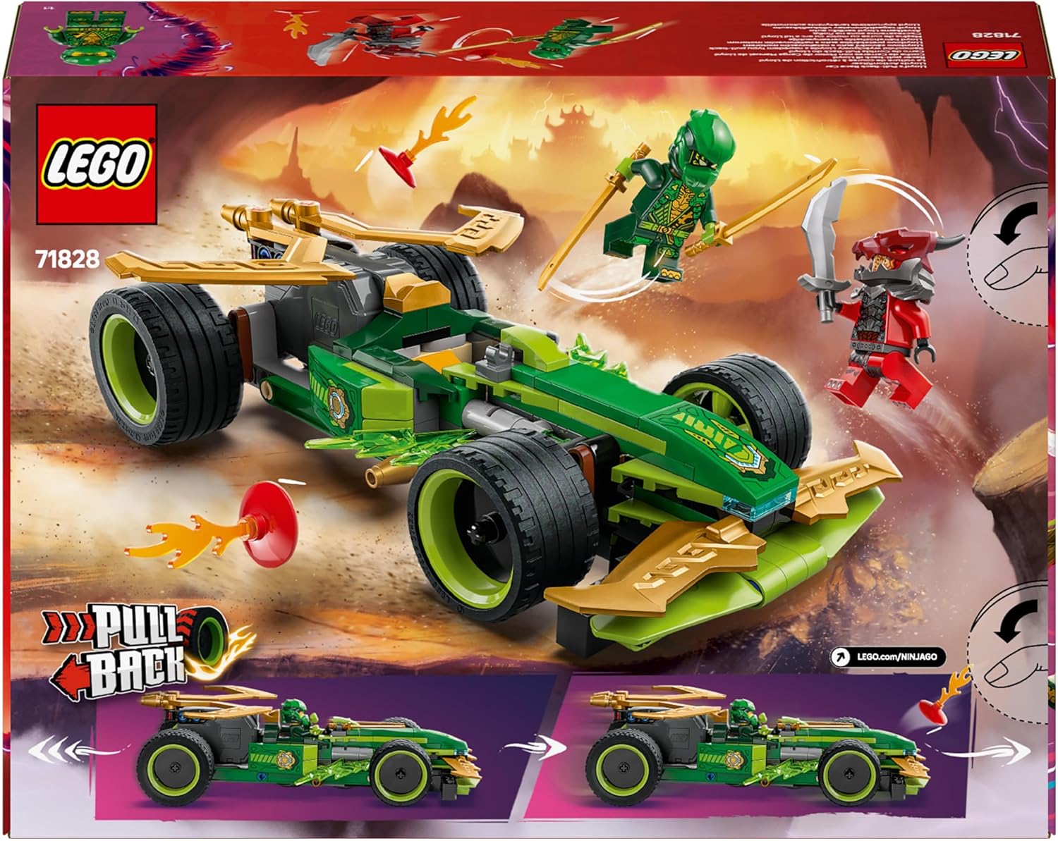 LEGO NINJAGO Lloyd’s Pull-Back Race Car Toy with 2 Minifigures for Imaginative Play - Dragons Rising Ninja Set - Gift for 7 Plus year Old Boys & Girls 71828