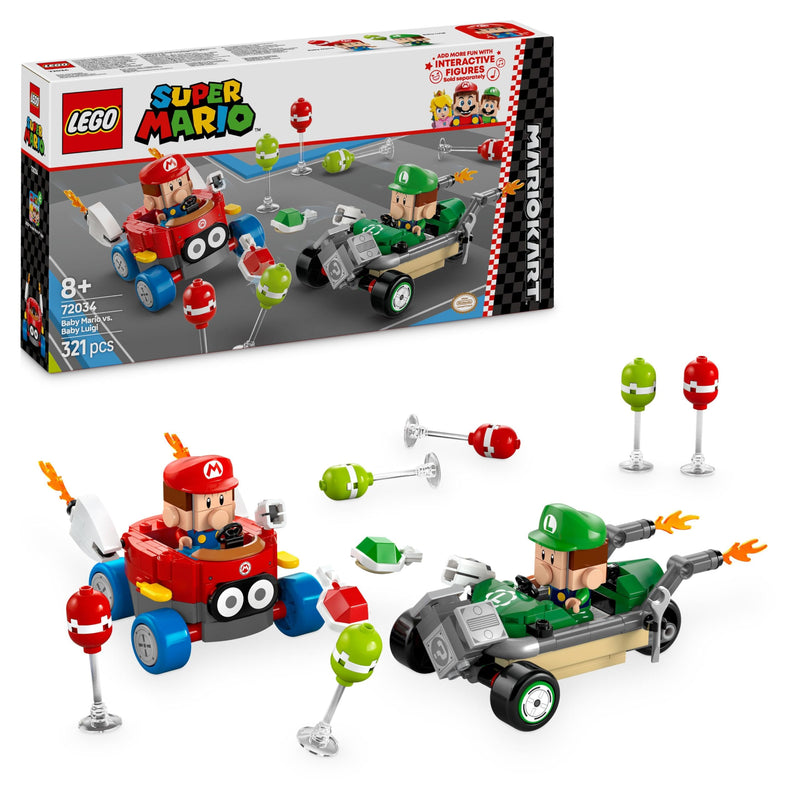 LEGO Super Mario: Mario Kart – Baby Mario vs. Baby Luigi Bouwpakket voor Kinderen met 2 Nintendo Game Figuren en 2 Speelgoed auto's, Cadeau voor jongens, meisjes en Gamers vanaf 8 jaar 72034